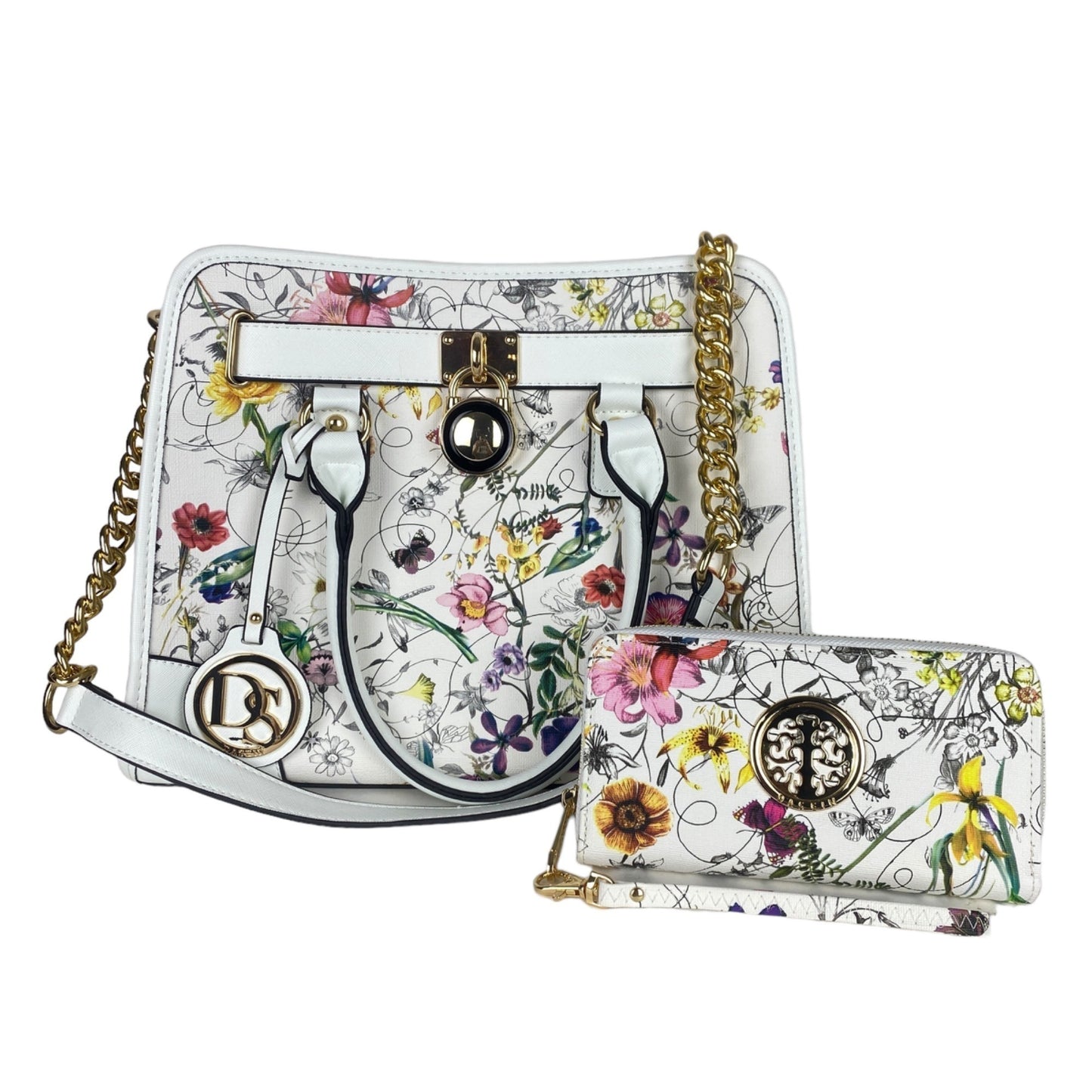 Dasein White Floral Purse Handbag Shoulder Bag Matching Wallet Inside Pocket