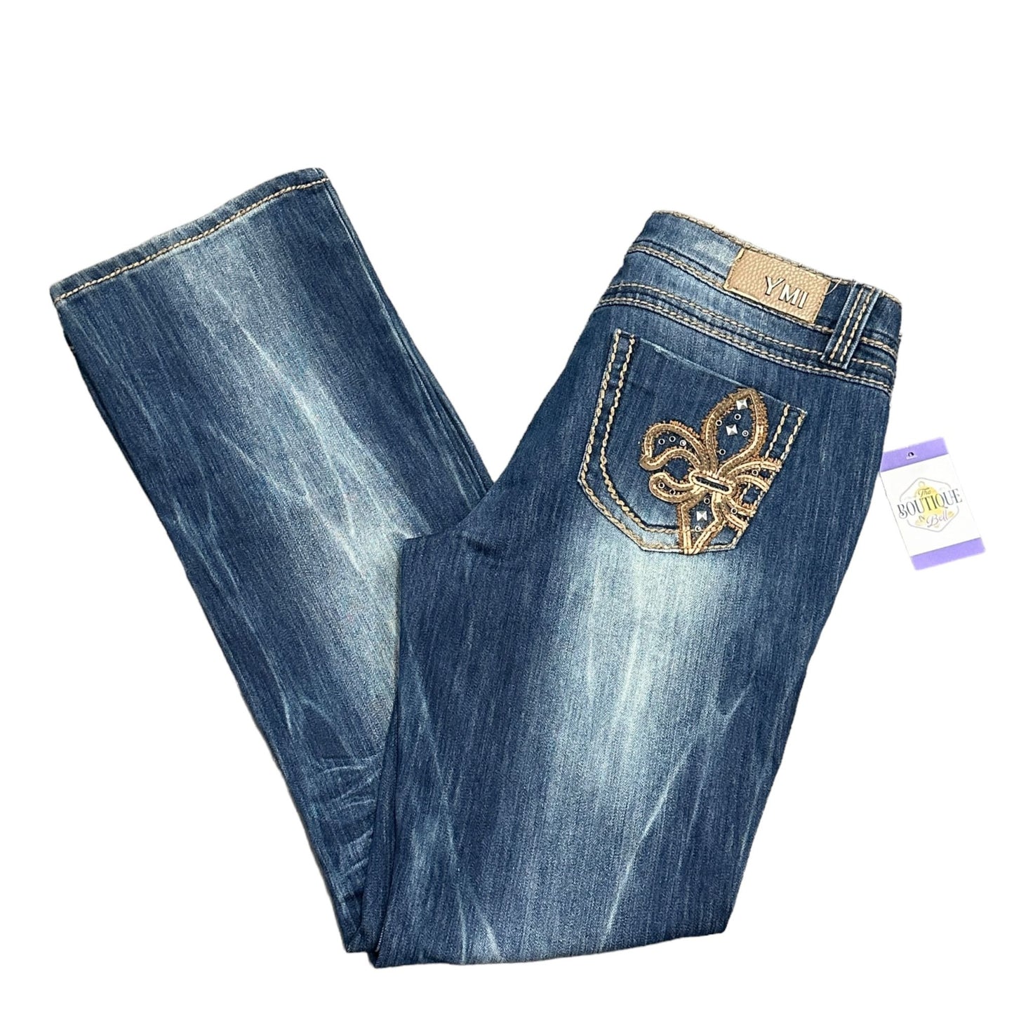 YMI Bootcut 13 Jeans Distressed Thick Stitch Y2K Fleur de Lis Leather Pockets