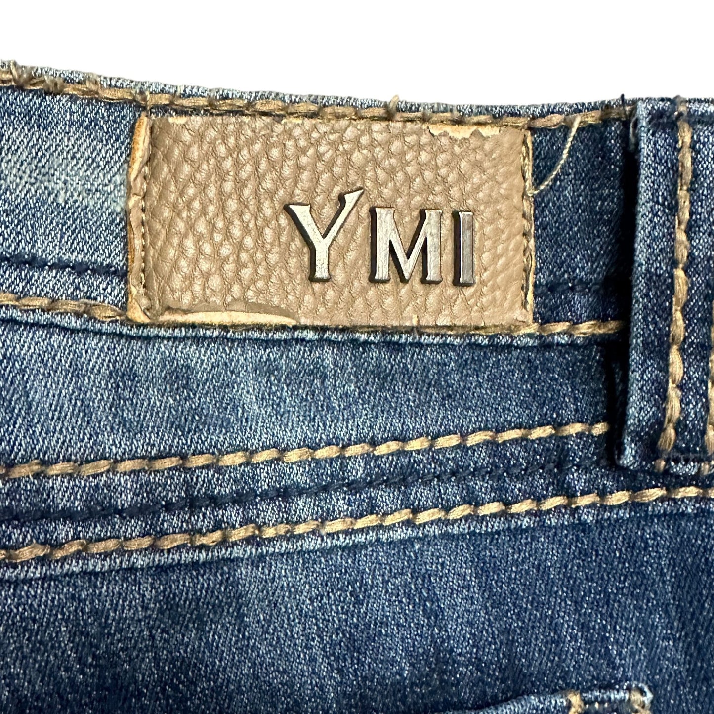 YMI Bootcut 13 Jeans Distressed Thick Stitch Y2K Fleur de Lis Leather Pockets