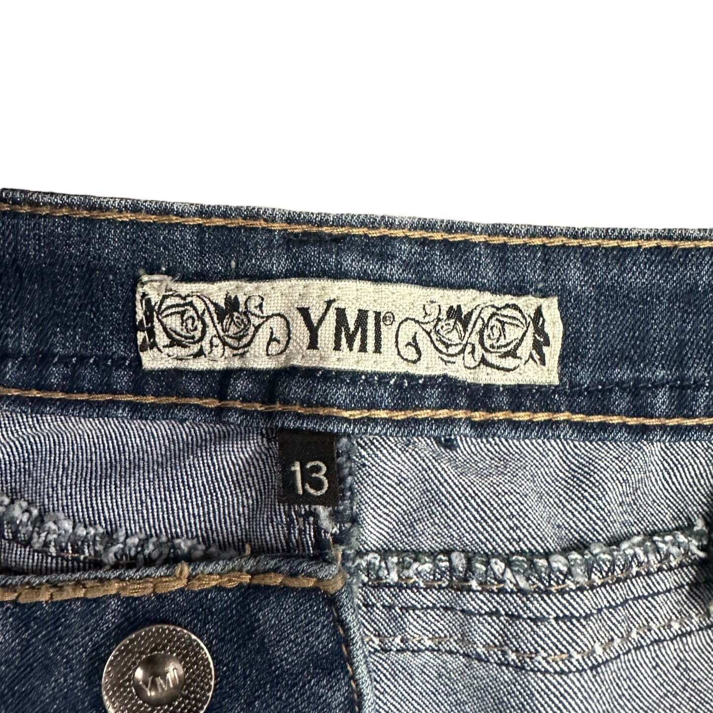 YMI Bootcut 13 Jeans Distressed Thick Stitch Y2K Fleur de Lis Leather Pockets