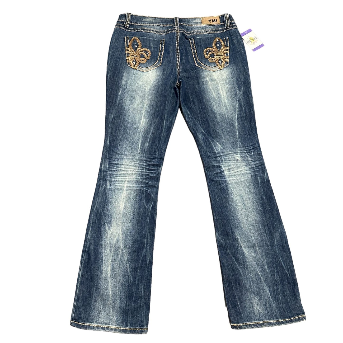 YMI Bootcut 13 Jeans Distressed Thick Stitch Y2K Fleur de Lis Leather Pockets