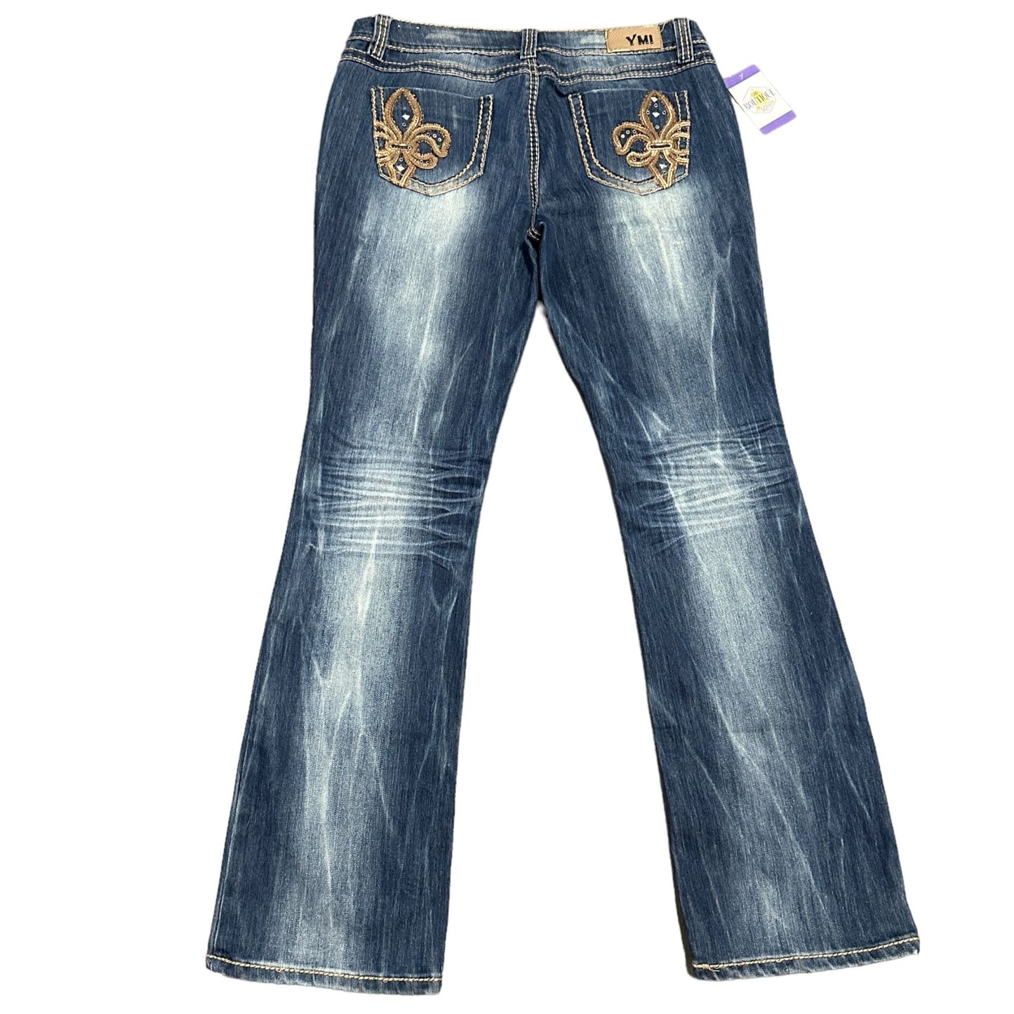 YMI Bootcut 13 Jeans Distressed Thick Stitch Y2K Fleur de Lis Leather Pockets