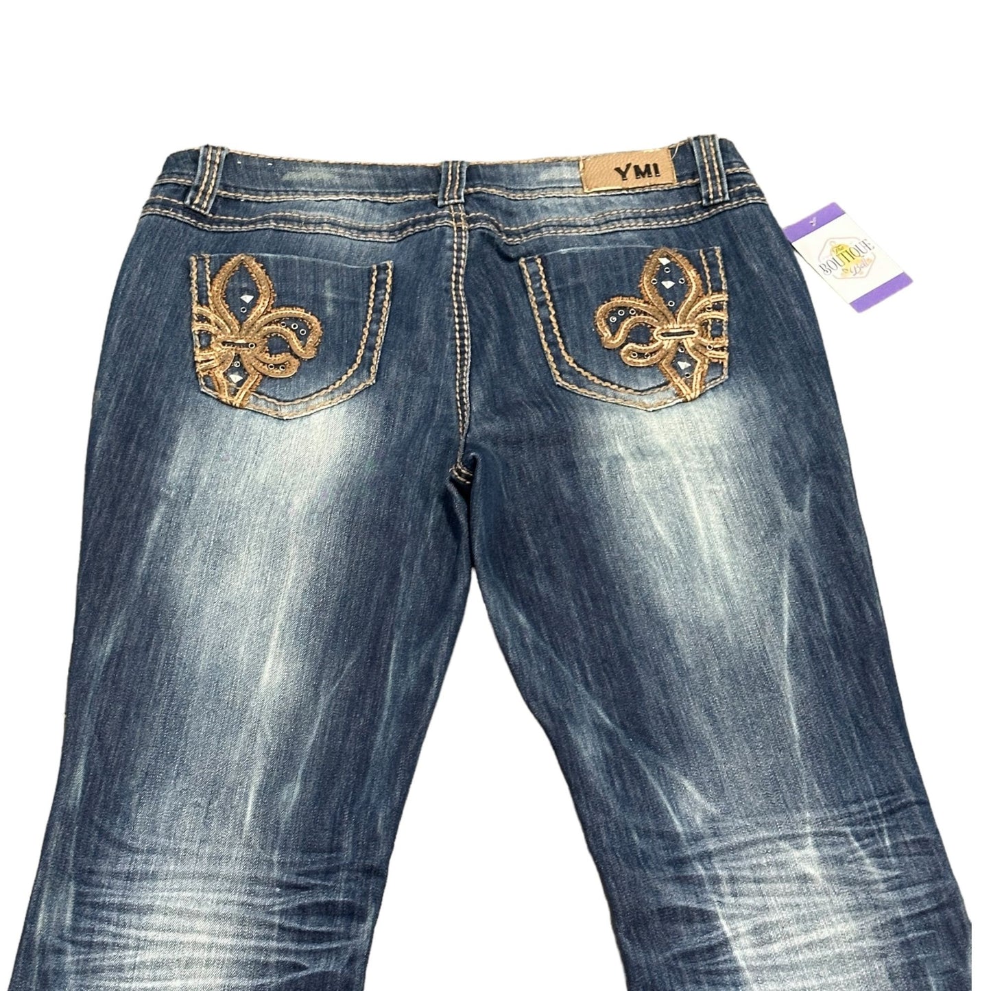 YMI Bootcut 13 Jeans Distressed Thick Stitch Y2K Fleur de Lis Leather Pockets