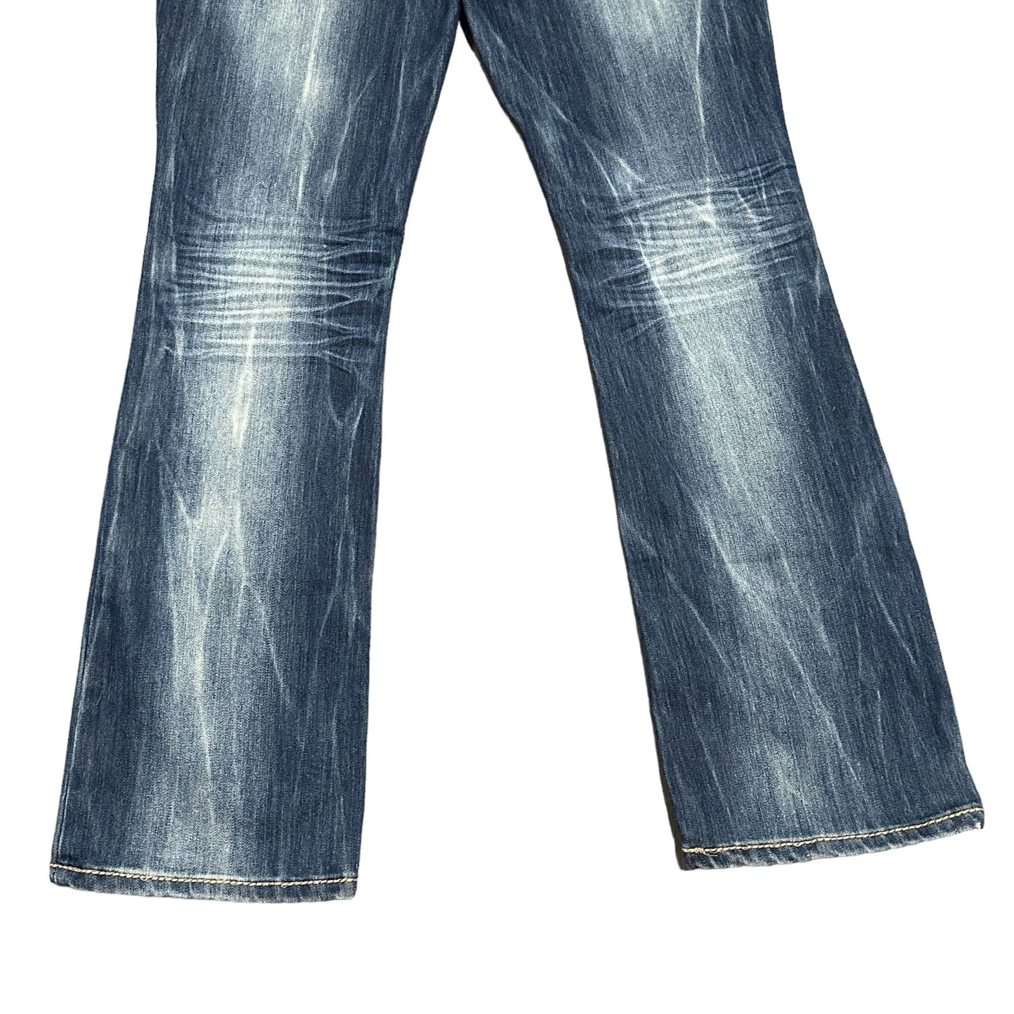 YMI Bootcut 13 Jeans Distressed Thick Stitch Y2K Fleur de Lis Leather Pockets