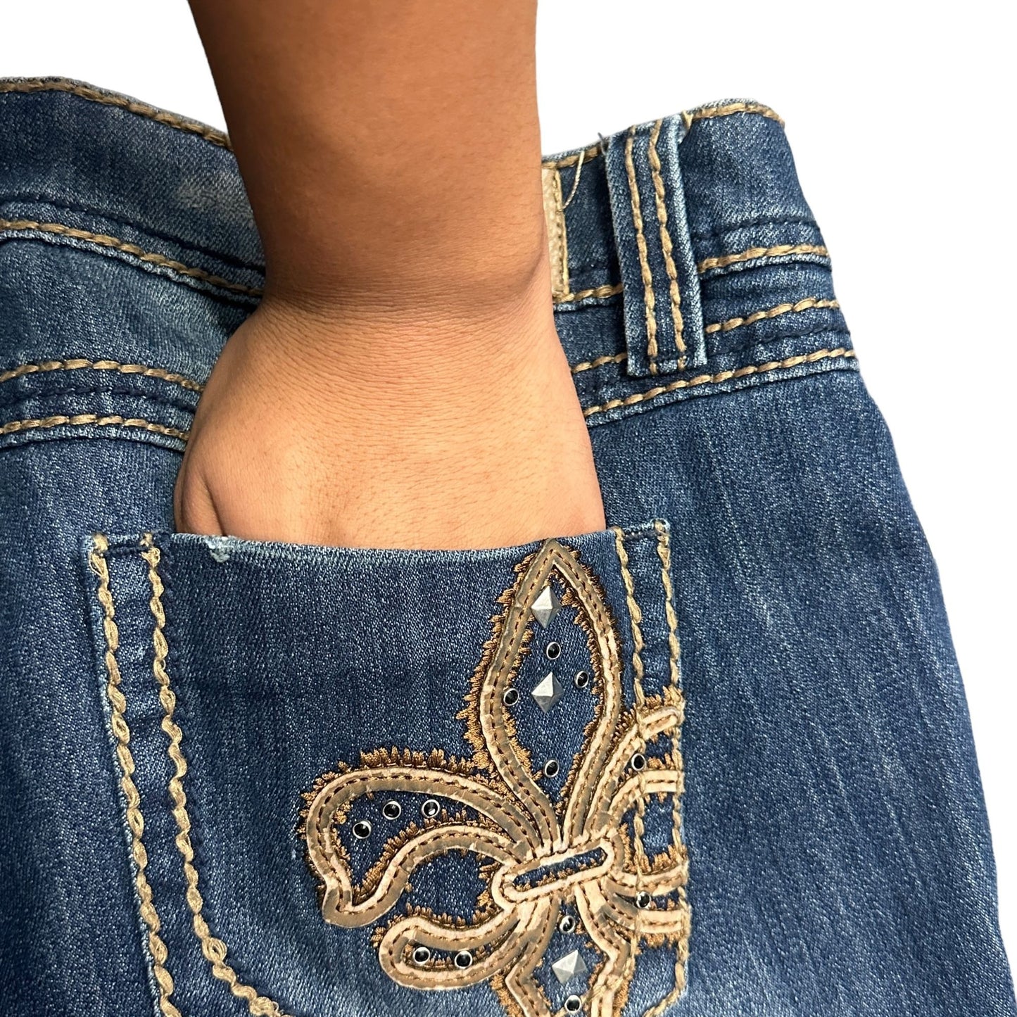 YMI Bootcut 13 Jeans Distressed Thick Stitch Y2K Fleur de Lis Leather Pockets