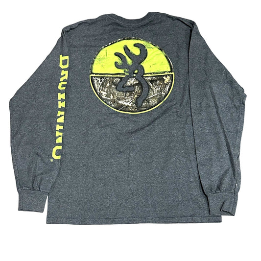 Browning Mens M Gray Long Sleeve TShirt Deer Camo Lime Green Logo Crew Neck