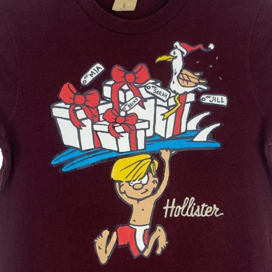 Hollister S Christmas TShirt Tee Surf Boy with Gifts Burgundy Short Sleeve