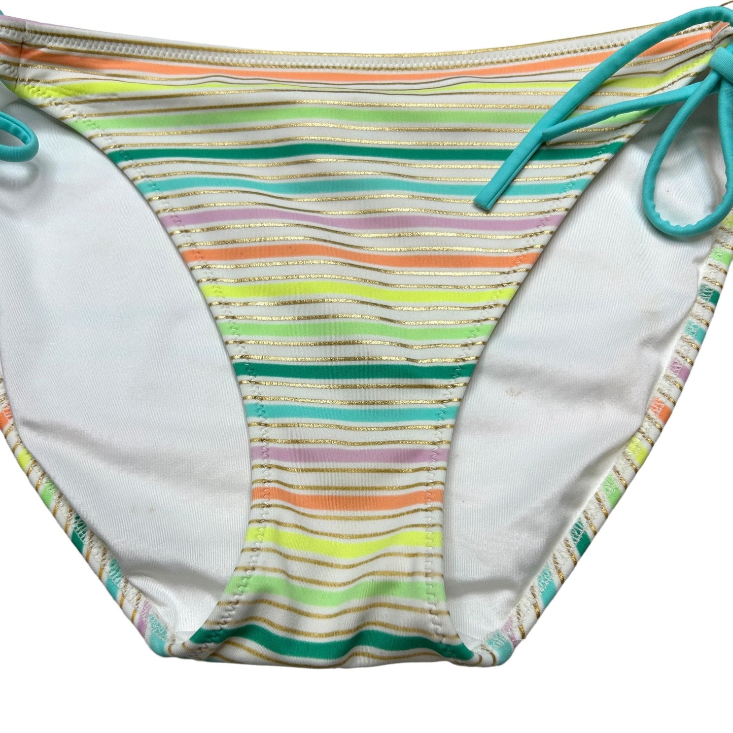 Victorias Secret M Rainbow String Bikini Bottom Metallic Gold Striped Side Tie