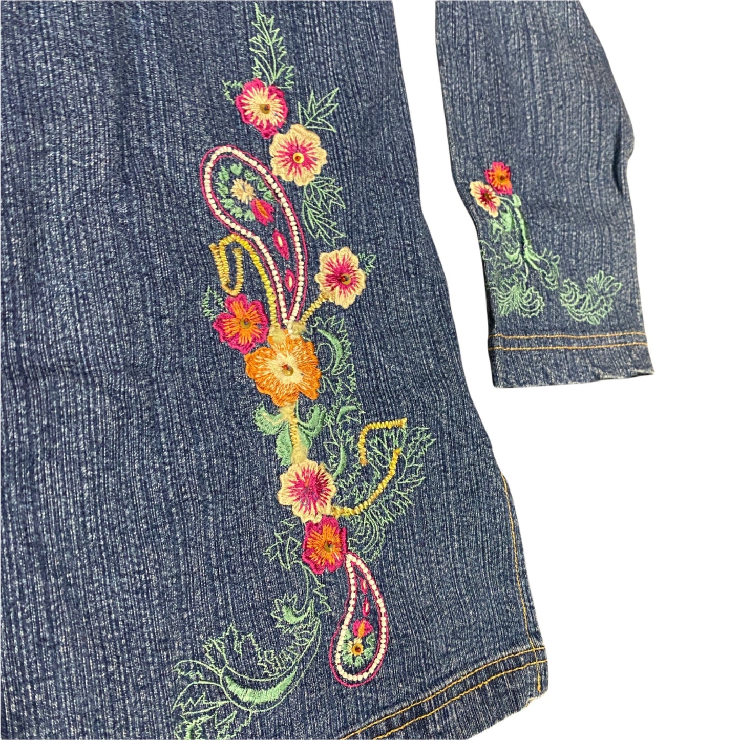 Vintage Two Twenty Collection Womens M Blue Jean Jacket Floral Embroidered Denim