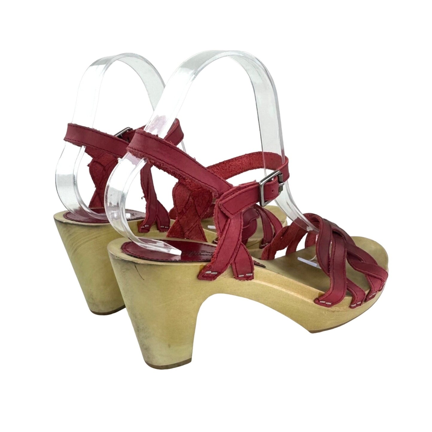 American Eagle Outfitters 9 Red Leather Sandals Heels Wood Sole Strappy Buckle