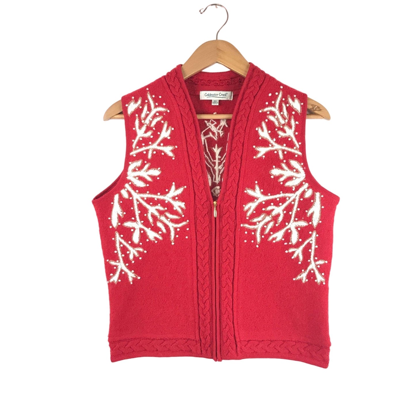 Coldwater Creek Sweater Vest Wool Red Snowflake Needlepoint Zip Front M