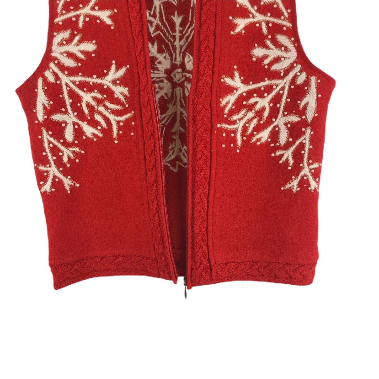 Coldwater Creek Sweater Vest Wool Red Snowflake Needlepoint Zip Front M