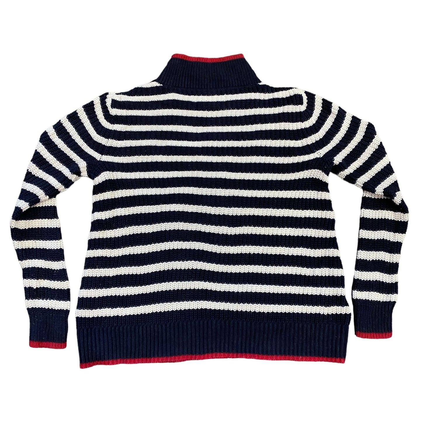 LOFT S Striped Sweater Blue Red White Mock Neck Boyfriend Cable Knit Ribbed