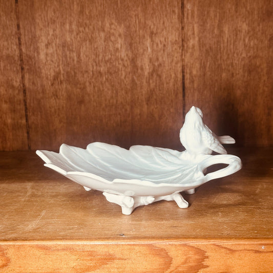 Grace Tea Ware White Leaf Dish Bird Ceramic Trinket Tray Cottagecore Cluttercore