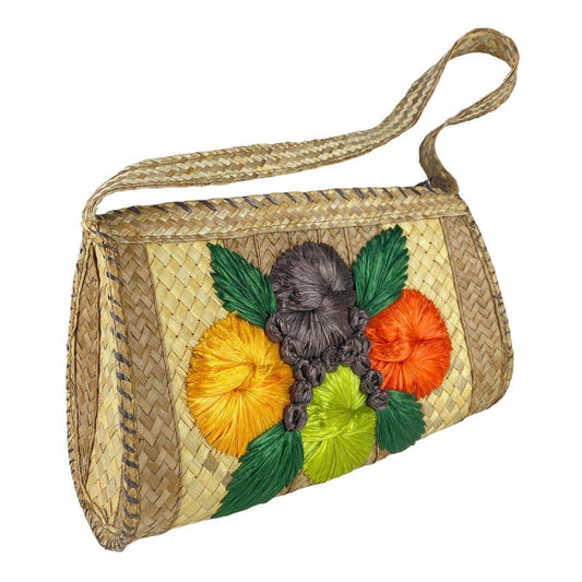 Vintage Woven Straw Purse Floral Festival Raffia Corn Husk Shoulder Bag Flowers