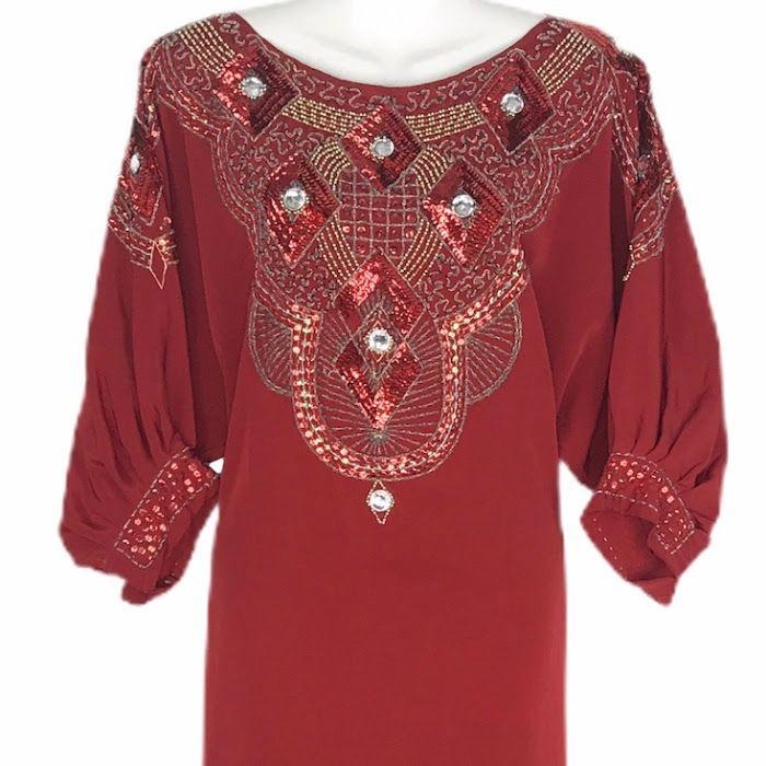 Red Maxi Column Dress Beaded 3/4 Sleeve Arabic Kaftan Islamic Muslim Embellished