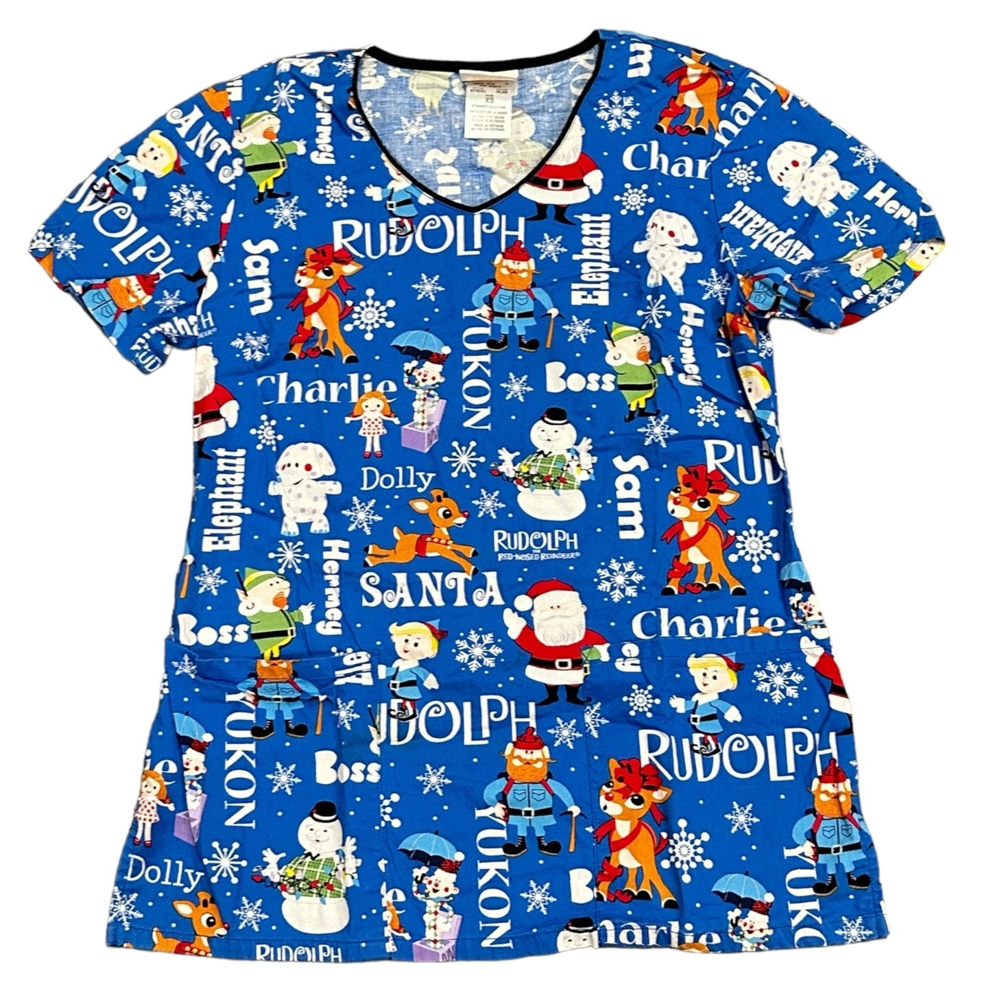 Rudolph the Red Nose Reindeer Christmas Scrub Top XS Top VNeck Short Sleeve