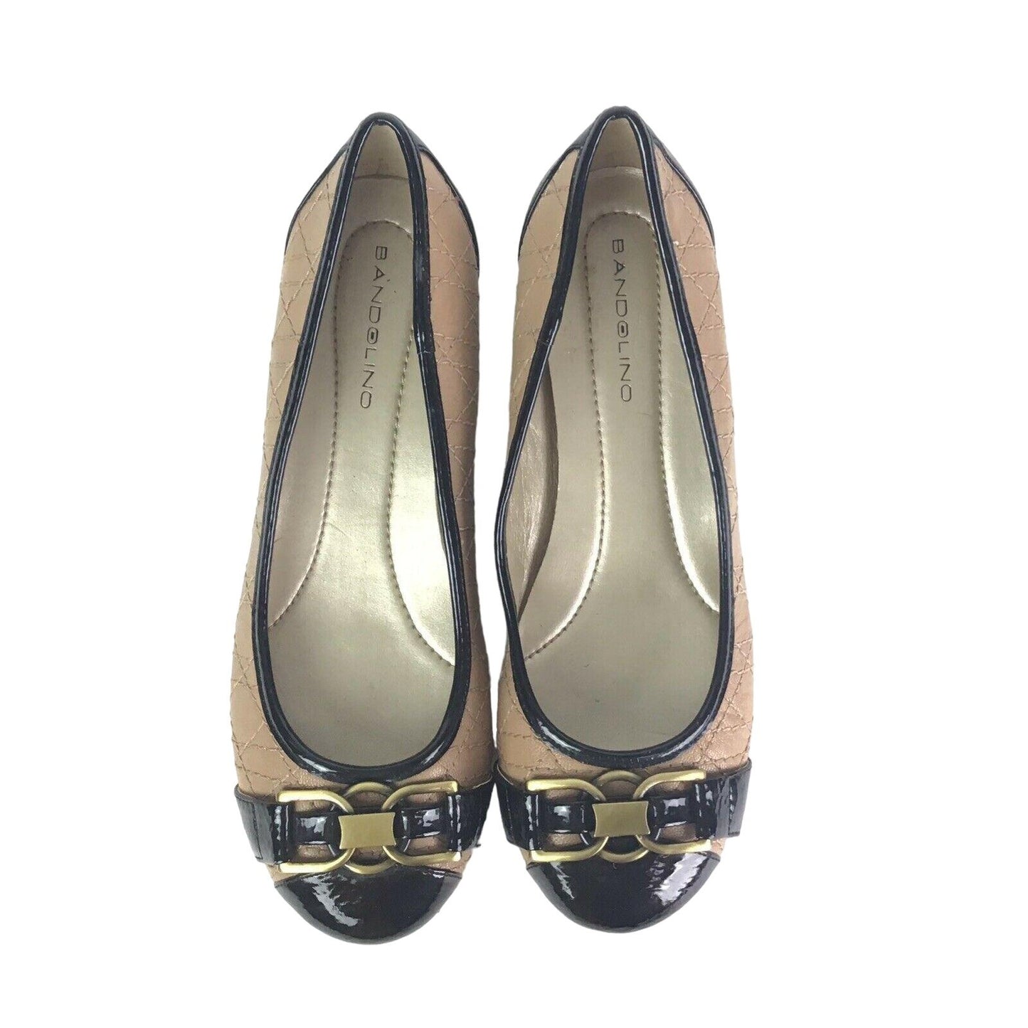 BANDOLINO 8M Beige Black Xanda Quilted Leather Ballet Flat Black Toe Gold Buckle