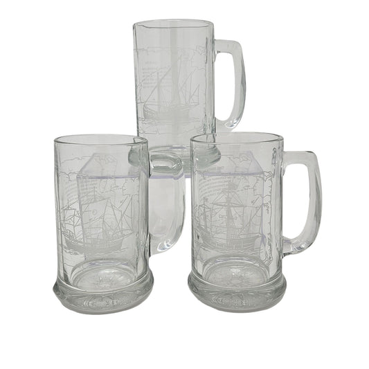 Long John Silvers Vintage Etched Glass Beer Mug The Pinta Nina Santa Maria Columbus Ships Set of 3