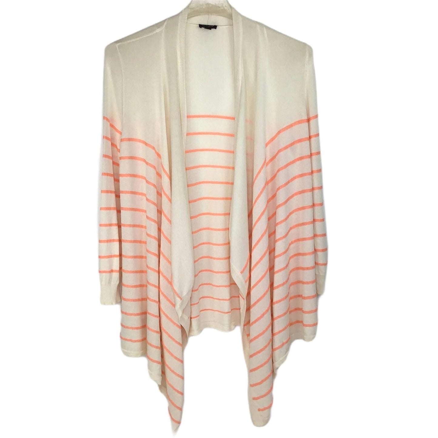 Ann Taylor Womens L Open Front Cardigan Sweater White Orange Stripe Long Sleeve