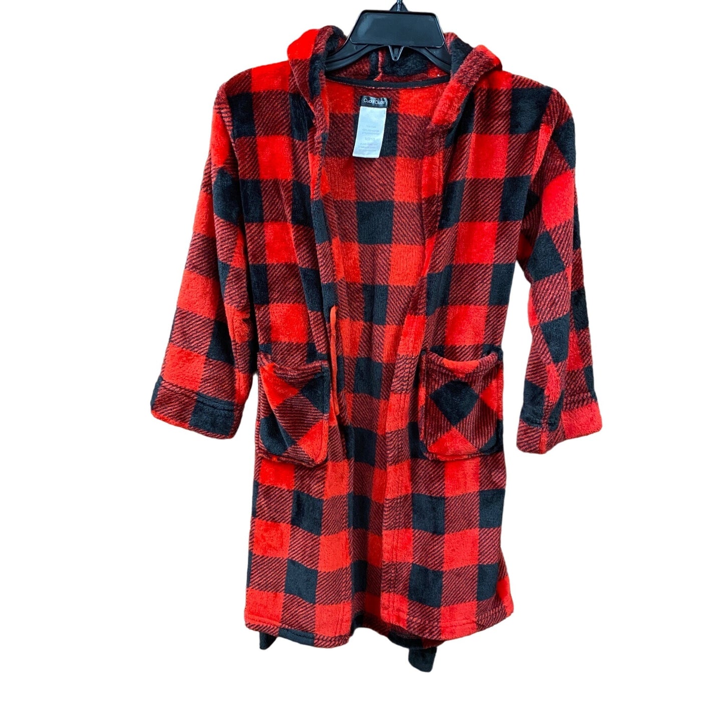 Cuddl Duds M 8/10 Youth Buffalo Plaid Plush Bath Robe Black Red Fuzzy Hooded