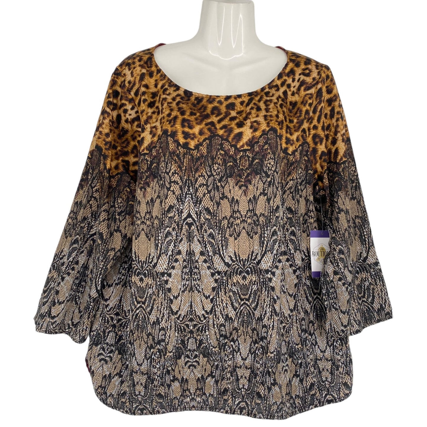 Ann Taylor Womens XL Cheetah Print Damask Blouse Long Sleeve Round Neck Flowy