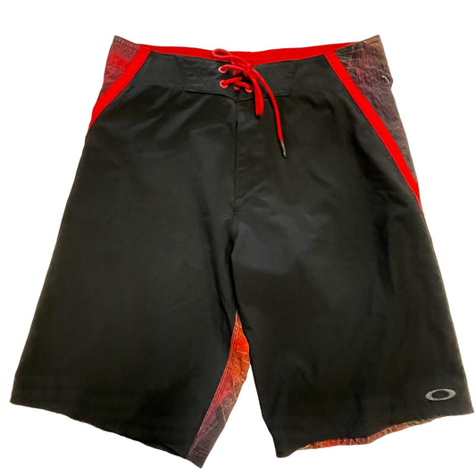 Oakley Mens 30 Swim Shorts Board Shorts Black Red Zip Pockets Drawstring