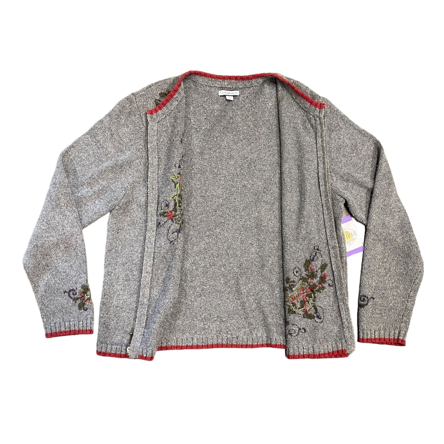 Croft Barrow XL Gray Cardigan Christmas Holly Embroidered Full Zip Sweater