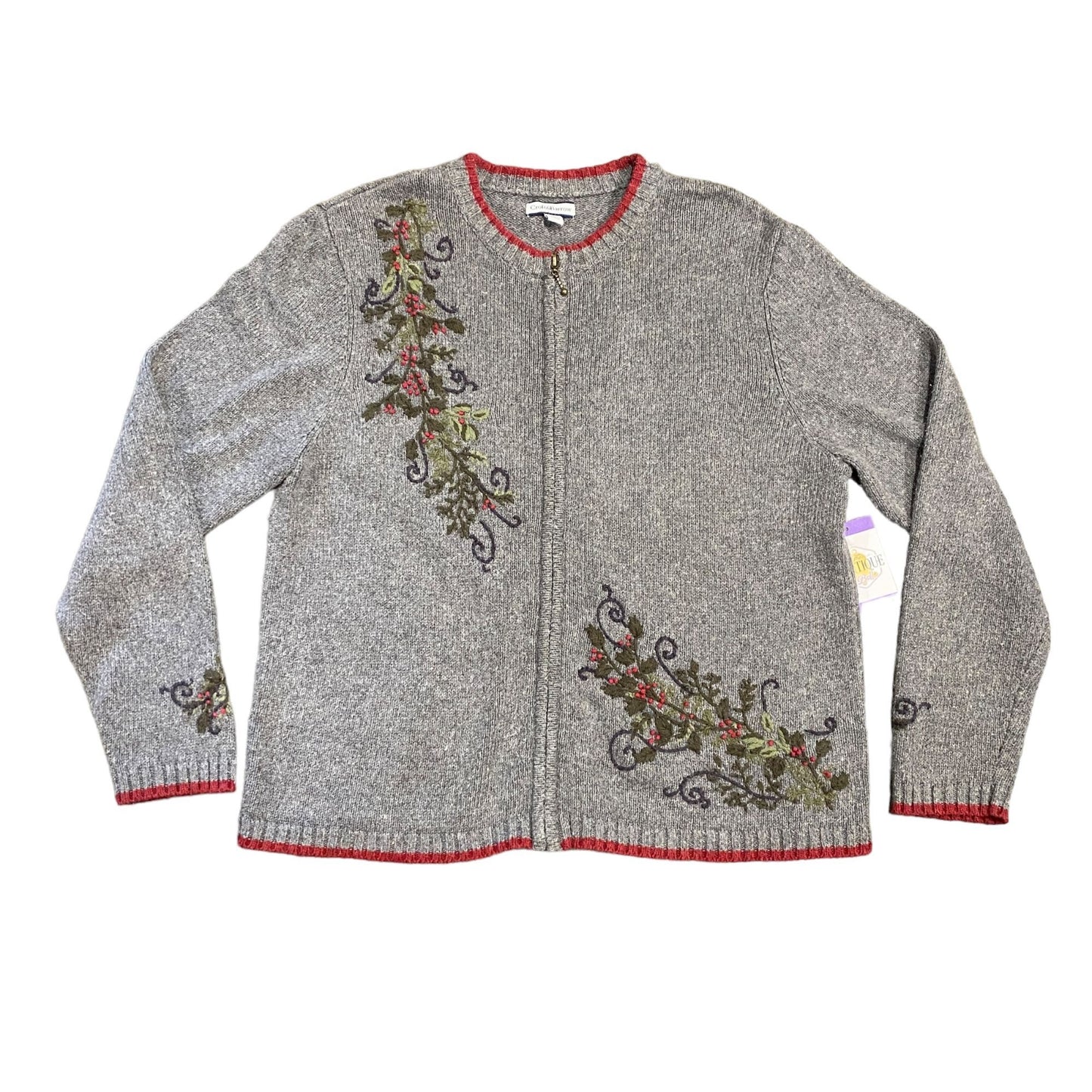 Croft Barrow XL Gray Cardigan Christmas Holly Embroidered Full Zip Sweater