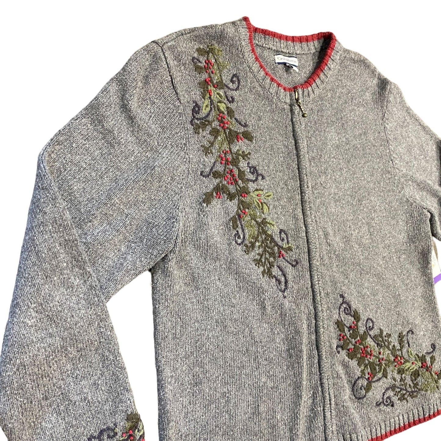 Croft Barrow XL Gray Cardigan Christmas Holly Embroidered Full Zip Sweater