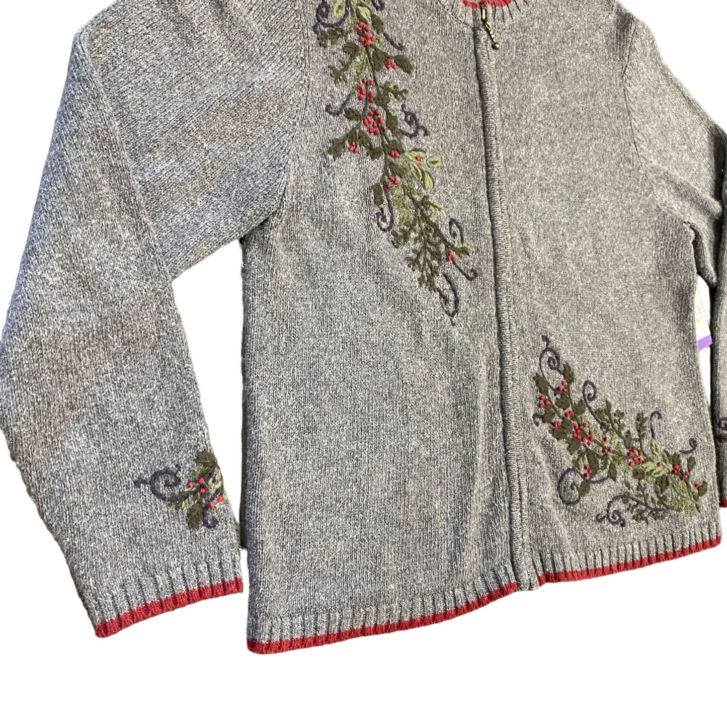 Croft Barrow XL Gray Cardigan Christmas Holly Embroidered Full Zip Sweater