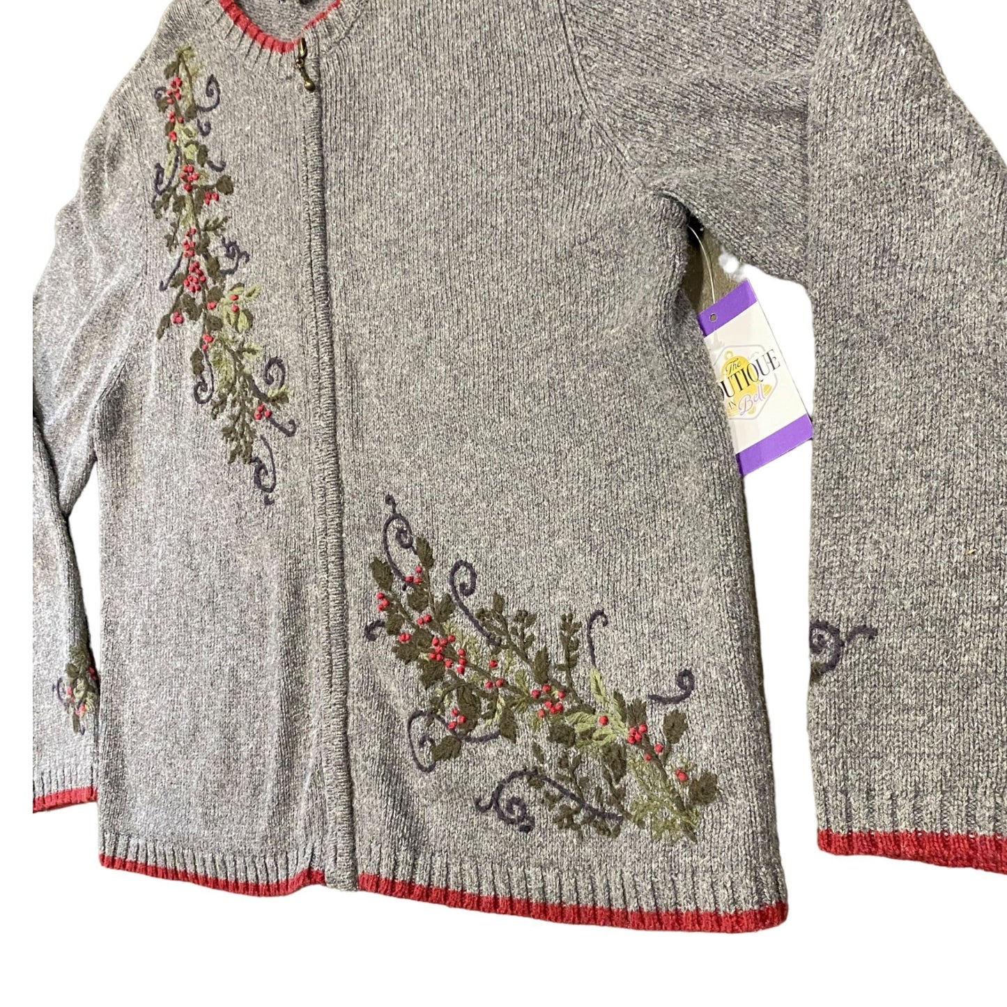 Croft Barrow XL Gray Cardigan Christmas Holly Embroidered Full Zip Sweater