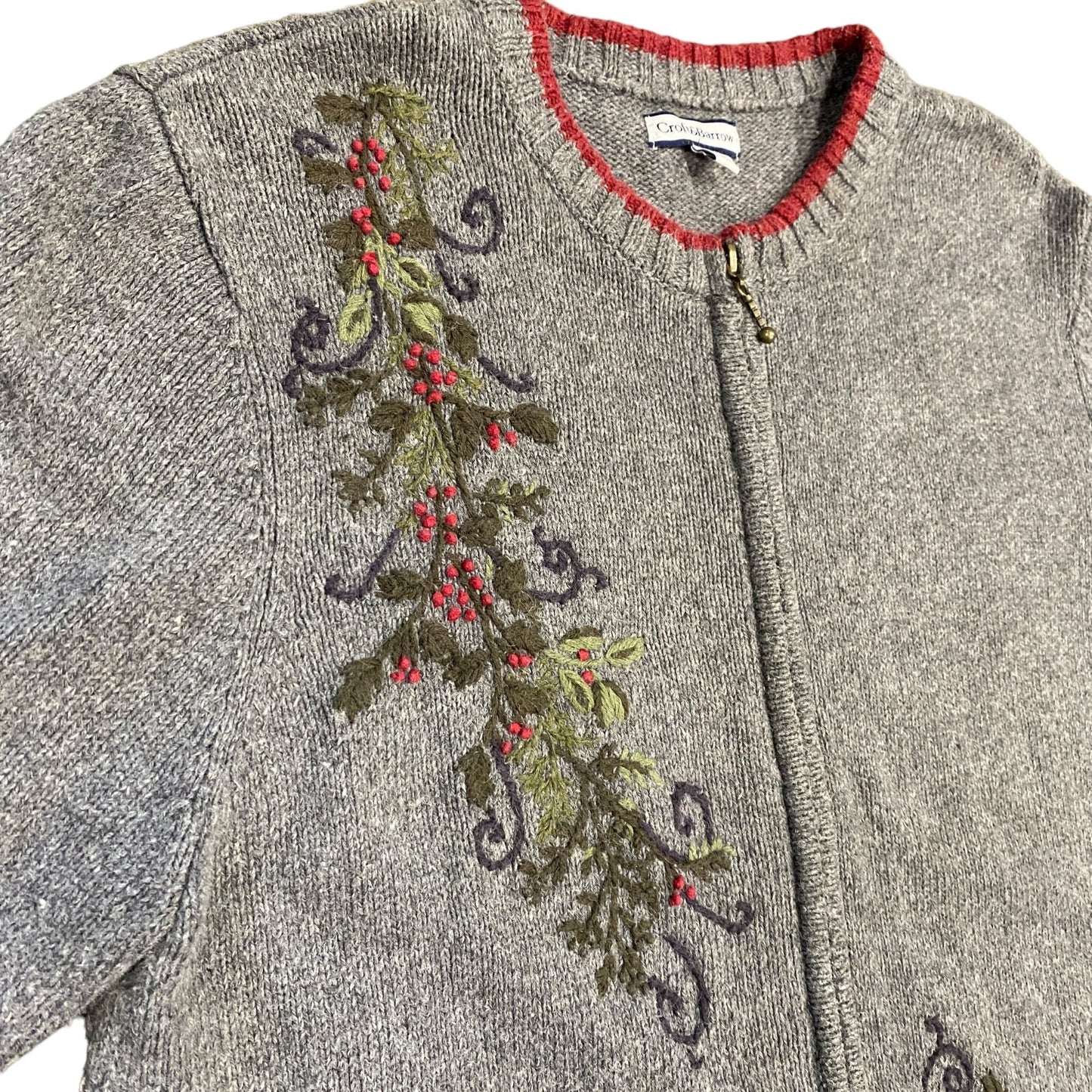 Croft Barrow XL Gray Cardigan Christmas Holly Embroidered Full Zip Sweater