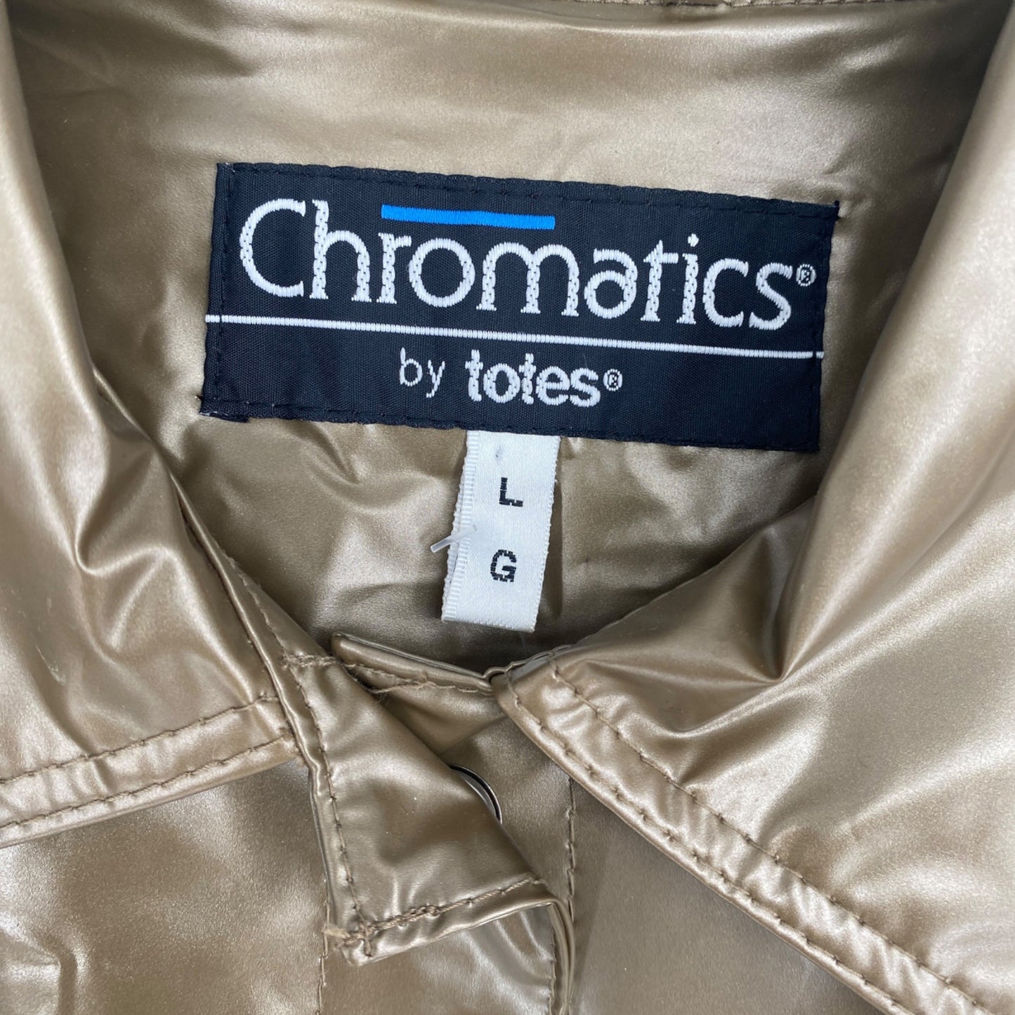 Vintage 80s Chromatics By Totes L Gold PVC Raincoat Snap Closure Pockets Jacket