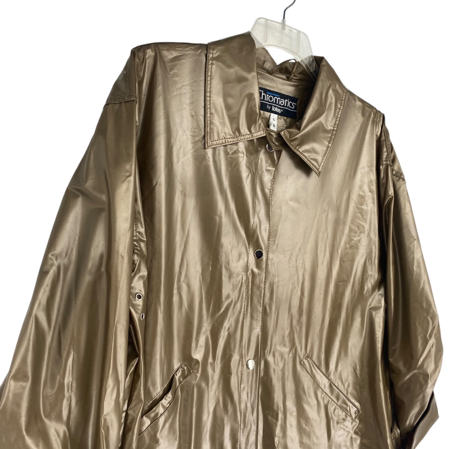 Vintage 80s Chromatics By Totes L Gold PVC Raincoat Snap Closure Pockets Jacket