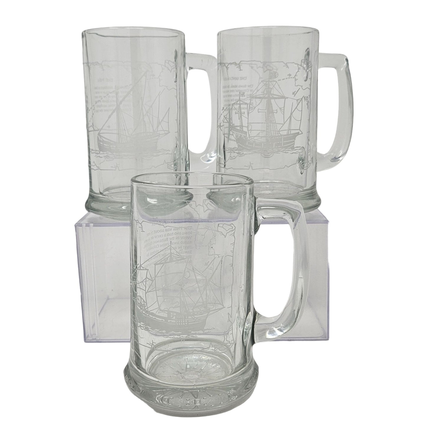 VTG Long John Silvers Columbus Voyage Nautical Sailing Ships Glass Mug Set of 3