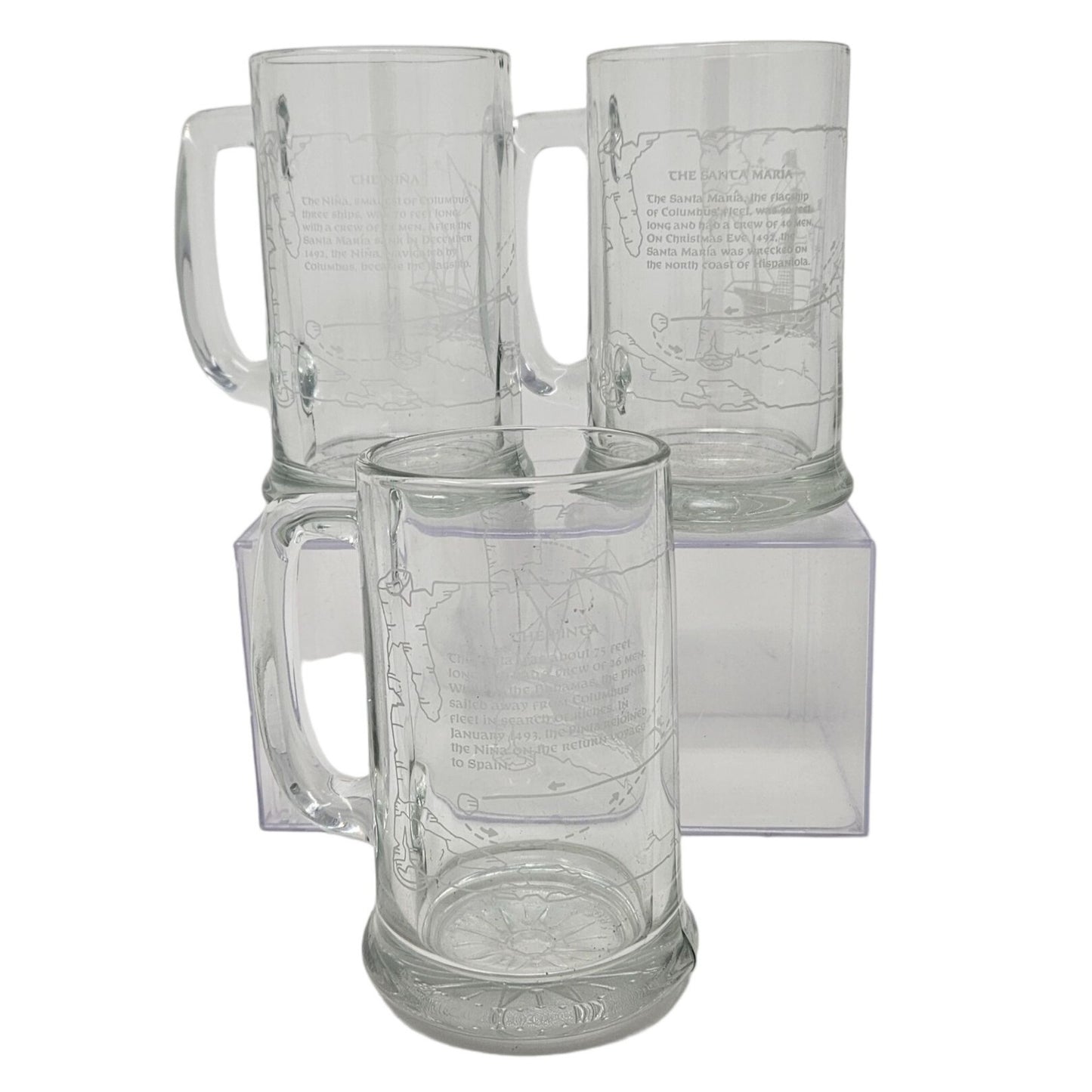 VTG Long John Silvers Columbus Voyage Nautical Sailing Ships Glass Mug Set of 3