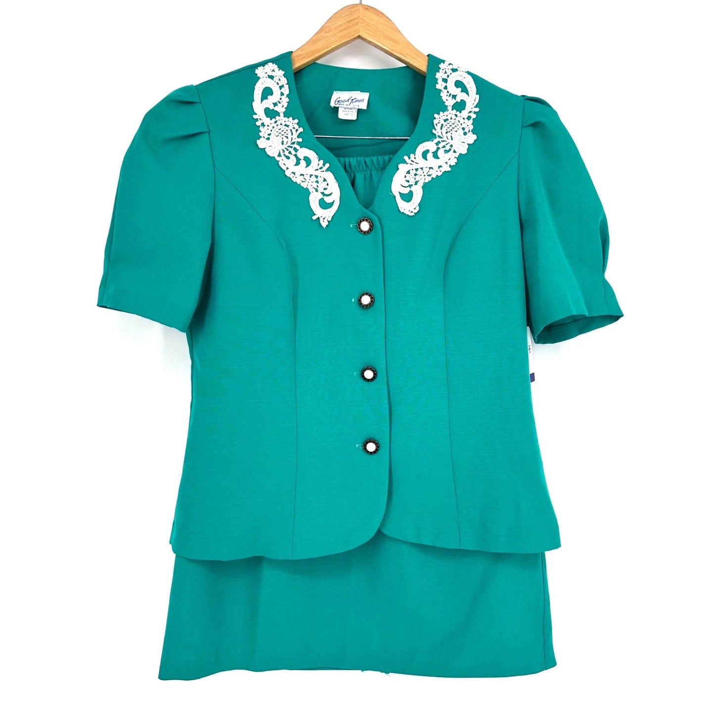 Vtg 80s Good Times 2 Piece Suit Skirt Set 12 Kelly Green Puff Sleeve Secretary