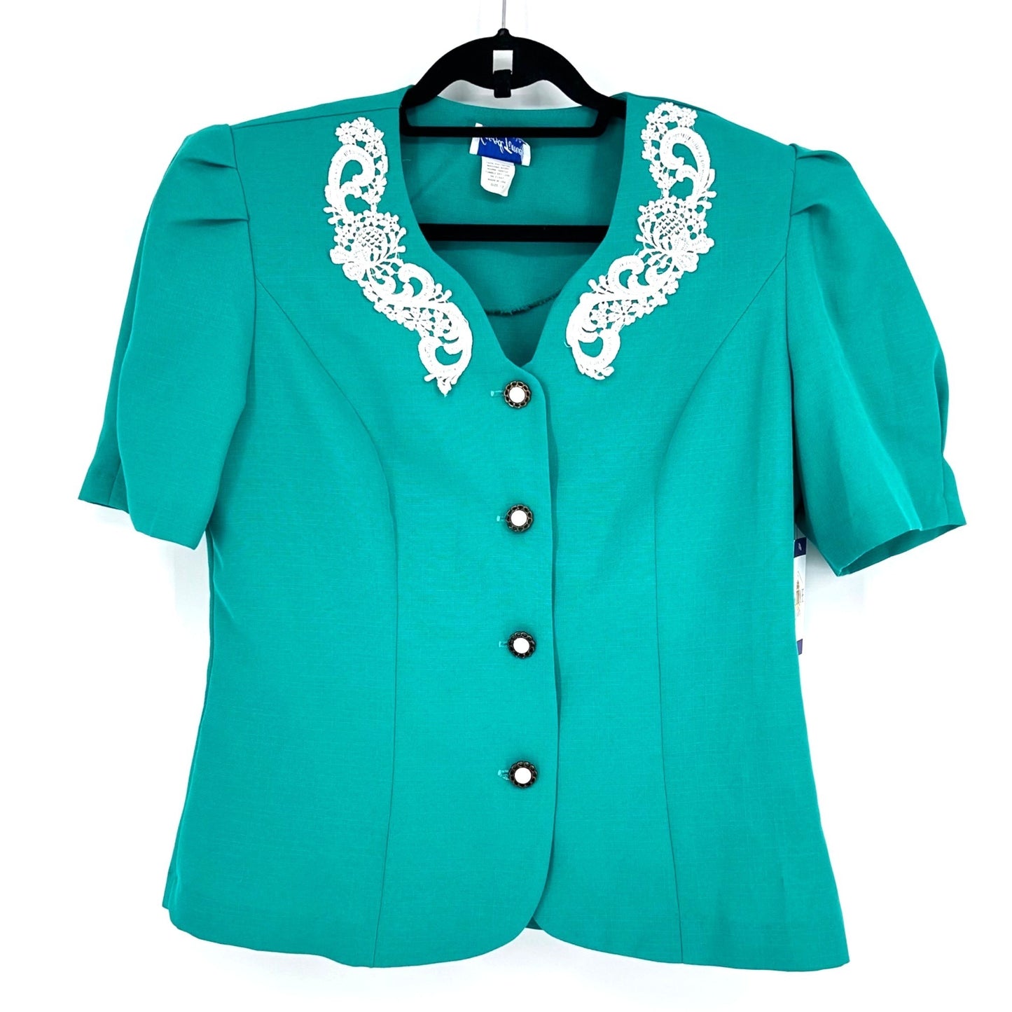 Vtg 80s Good Times 2 Piece Suit Skirt Set 12 Kelly Green Puff Sleeve Secretary