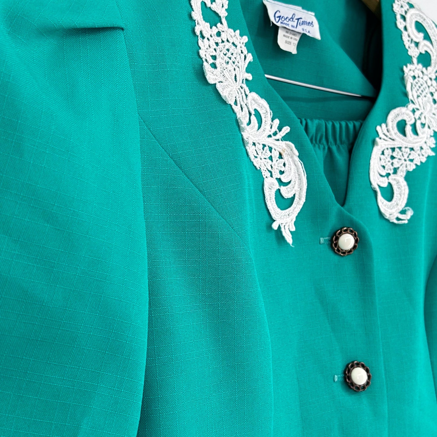 Vtg 80s Good Times 2 Piece Suit Skirt Set 12 Kelly Green Puff Sleeve Secretary