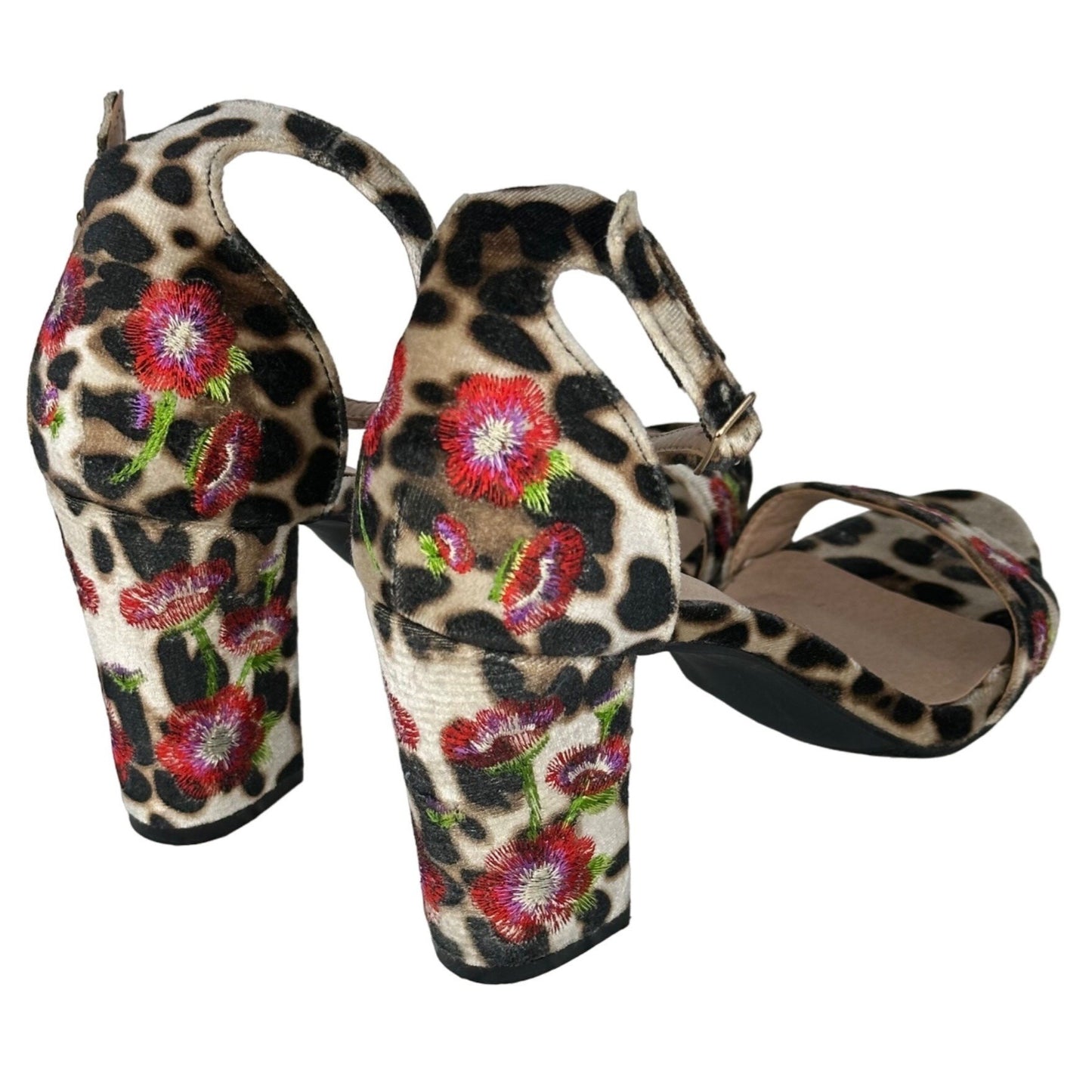 Madden Girl Behave 6.5 Floral Embroidered Velvet Animal Print Block Heel Sandals