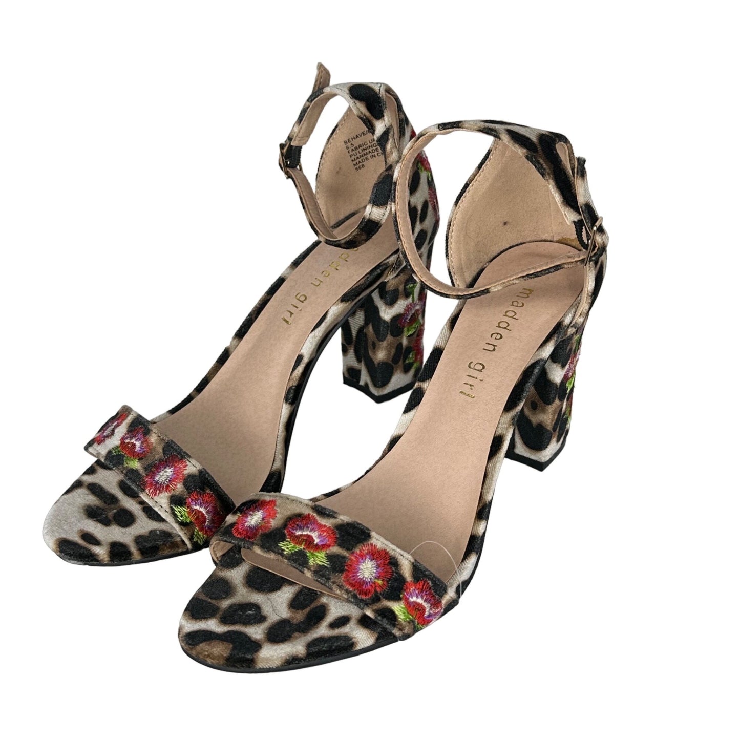 Madden Girl Behave 6.5 Floral Embroidered Velvet Animal Print Block Heel Sandals