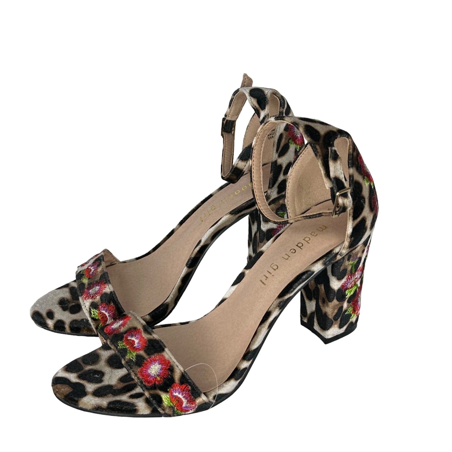 Madden Girl Behave 6.5 Floral Embroidered Velvet Animal Print Block Heel Sandals
