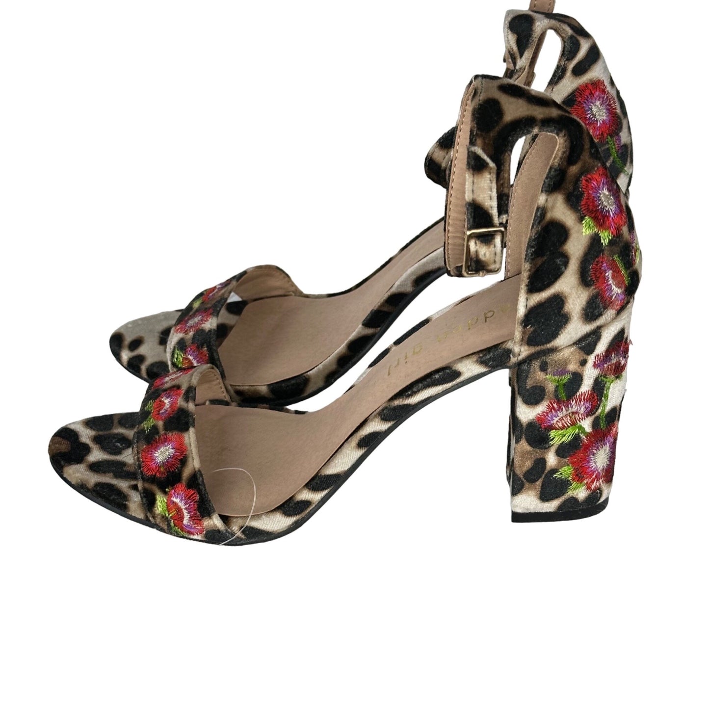 Madden Girl Behave 6.5 Floral Embroidered Velvet Animal Print Block Heel Sandals