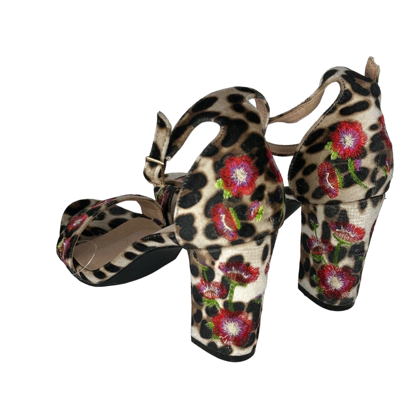 Madden Girl Behave 6.5 Floral Embroidered Velvet Animal Print Block Heel Sandals