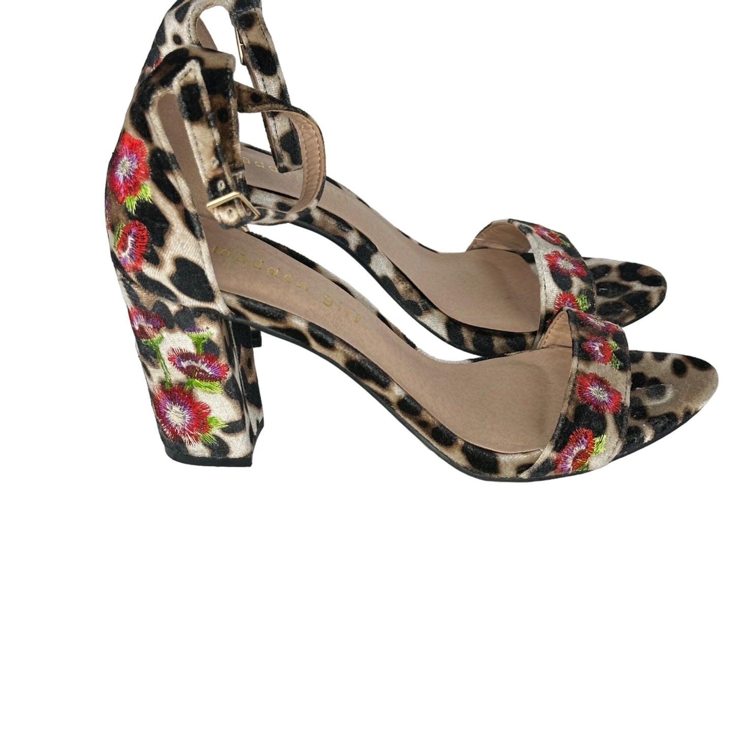 Madden Girl Behave 6.5 Floral Embroidered Velvet Animal Print Block Heel Sandals