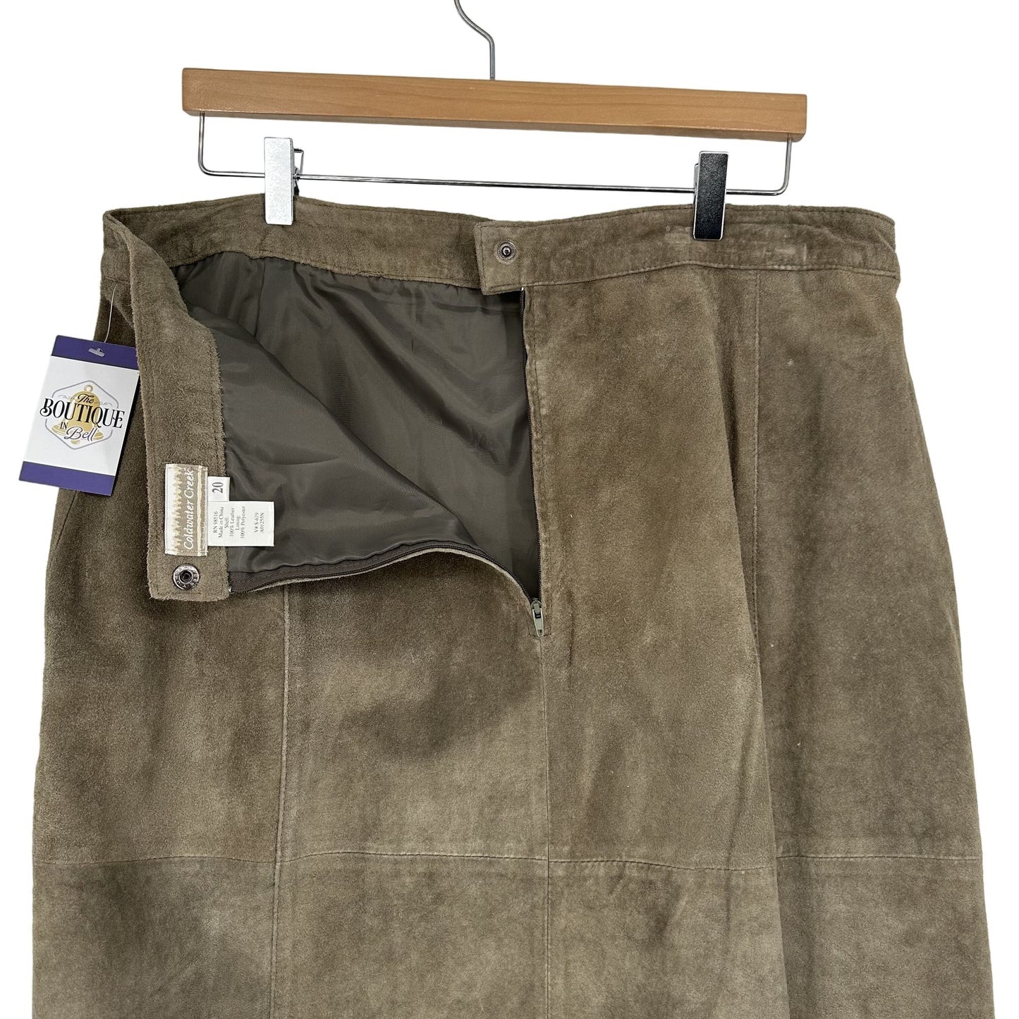 Coldwater Creek Womens 20 Taupe Suede Leather Midi Skirt Kick Pleat Boho Western