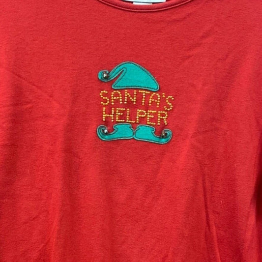 Xmas Santas Helper Novelty Tshirt MC Sportswear L Red Elf Rhinestones Kitschy