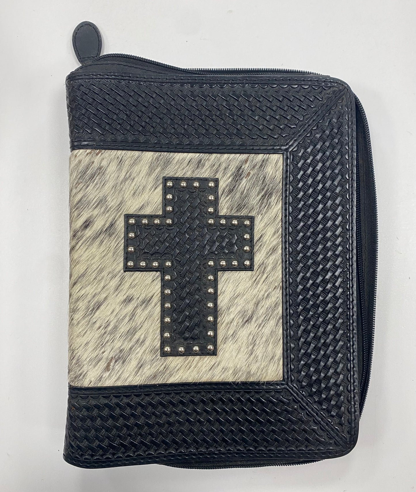 Western Style Tooled Leather Bible Cover Calf Hair Inlay