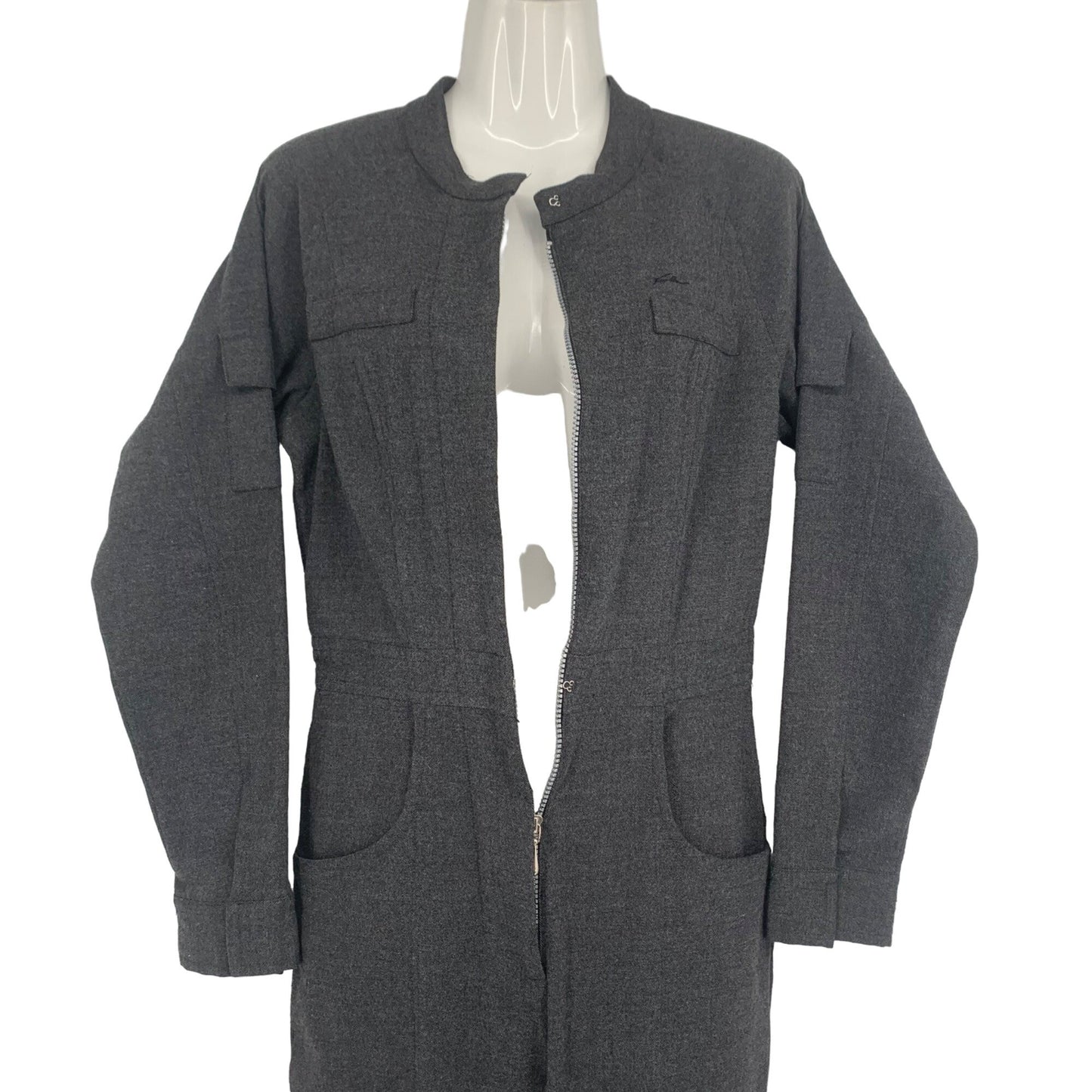 Womens Vtg Utility Jumpsuit Fubu L Gray Pockets Front Zip Side Leg Y2K Stretch